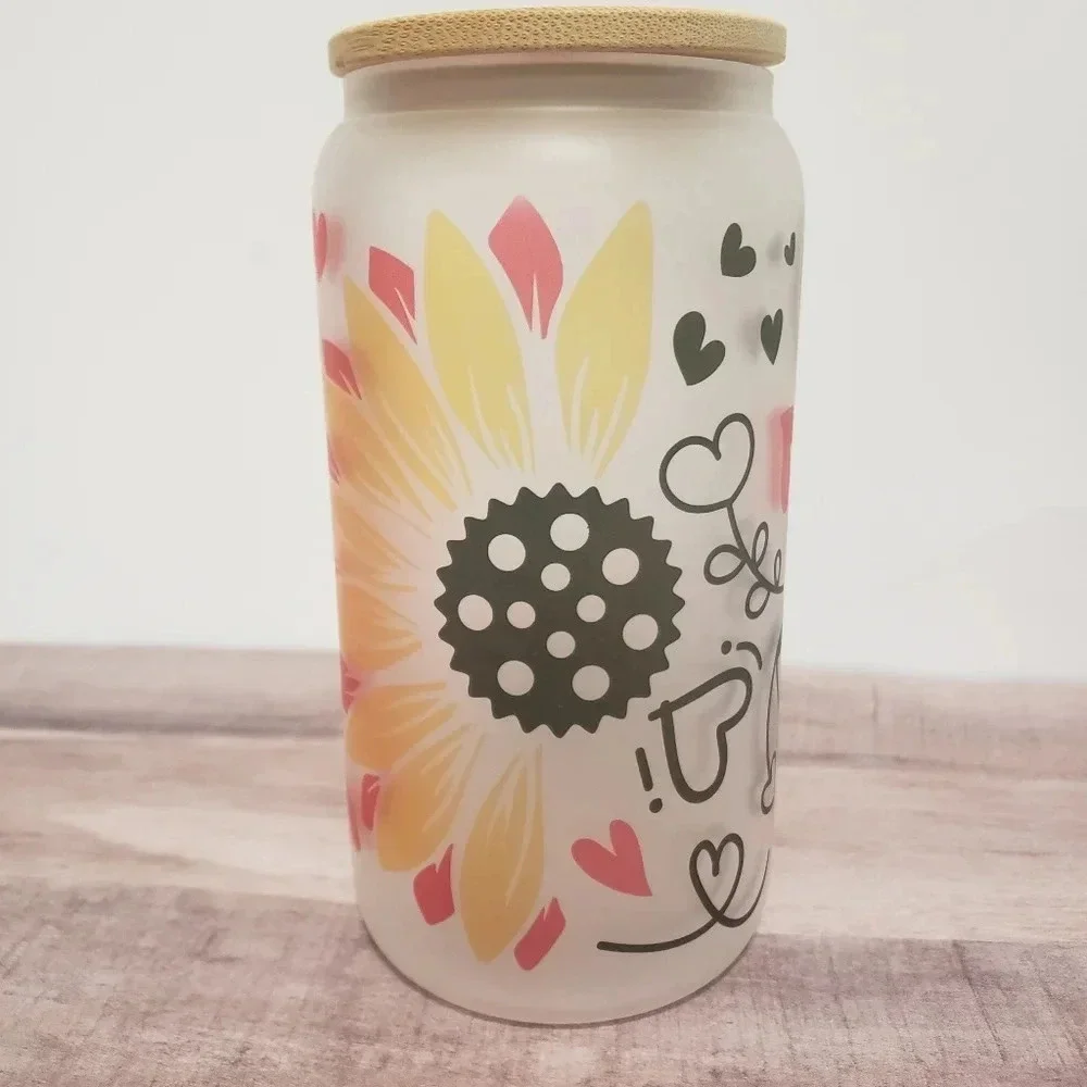 Sunflower hearts doodle art custom frosted glass‎ cup with lid and straw 16oz